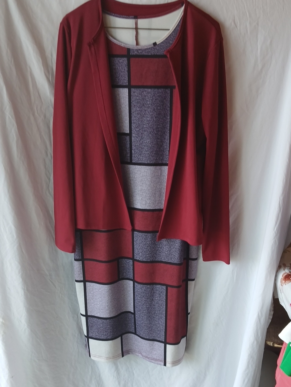 Source Unknown Red Knit Jacket with Geometric Panel Dress